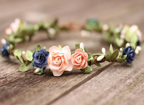  Flower Crown Peach and Navy Wedding Floral Crown Rose Headband 
